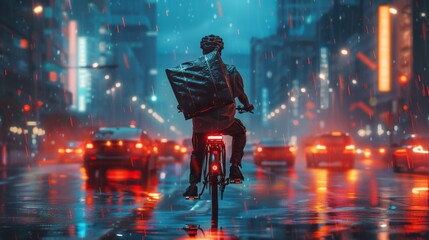 a courier from a delivery service riding a bicycle along a city street in the evening or night rainy time. grocery delivery in the city