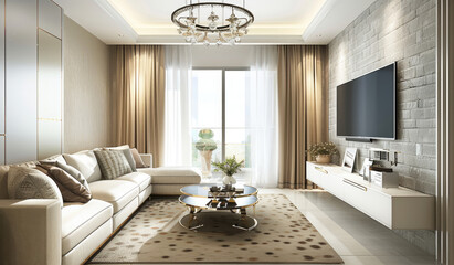 Interior of a living room wtih curtains, wooden floor, led, table and sofa. Created with Ai