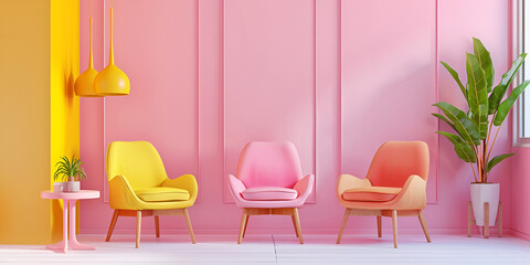 a row of six colorful chairs against a pink wall. The chairs have gold frames and varying shades of pink, orange, and yellow upholstery