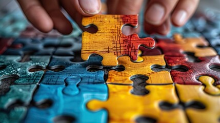 An image of hands assembling a puzzle, representing collaborative problem-solving. stock photo