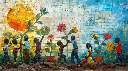 Naklejka premium A painting of people planting and nurturing a garden together, symbolizing cooperative growth. stock image