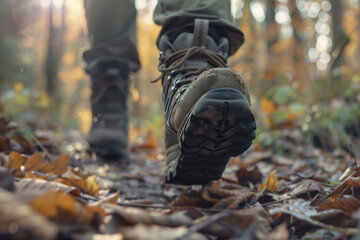 Fototapeta premium Close Up of Hiker Boots Walking Along Autumn Forest Path Carpeted With Fallen Leaves