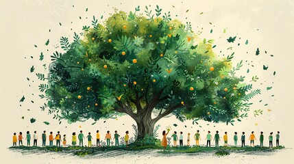A drawing of a community planting a tree together, symbolizing collective effort for growth. stock photo