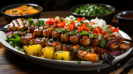 Grilled Shrimp Skewers with Pineapple Salsa on Blurry Background