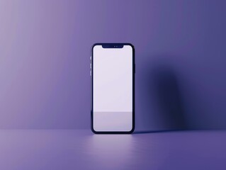 A sleek 3D smartphone with a front-facing screen set against a purple backdrop in a modern rendering