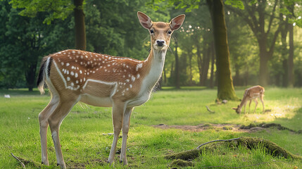 Reh steht im Wald auf einer Lichtung f2.8 bei Morgend&auml;mmerung Generative AI