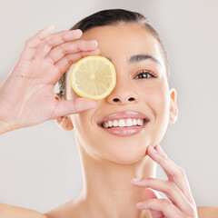 Studio, lemon and face of woman, skincare and brightening of skin, beauty and wellness with facial....