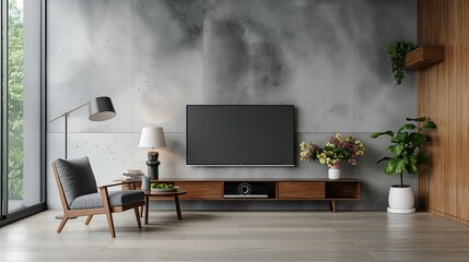 Cabinet TV in modern living room with armchair, lamp, table,flower and plant on concrete wall background