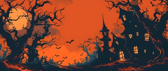Haunting Halloween Landscape with Dilapidated Haunted Manor Skeletal Trees and Swarming Bats against Glowing Orange and Black Horizon