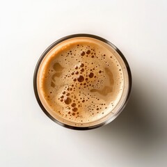 Overhead view one cup of coffee. White background.