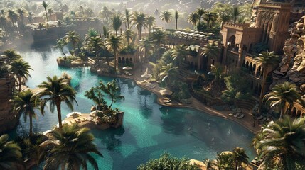 Aerial view of utopian desert oasis, serene water pools, lush palm trees , hyper detailed