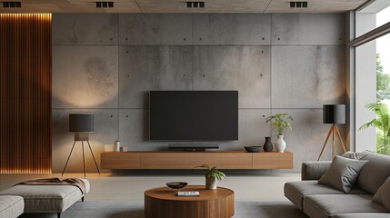 Living room interior have cabinet for tv in cement room with concrete wall