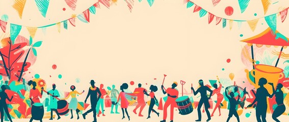 Lively Carnival Street Scene with Silhouettes of Dancing Revelers Steel Drum Players and Colorful Parade Floats on a Playful Textured Background