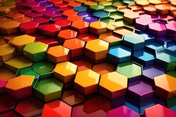Abstract background texture of 3d glossy plastic rainbow hexagon geometric shapes