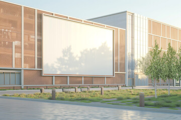 Realistic 3D render of a university campus with a blank billboard, perfect for educational ads, highlighted with a light border.