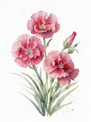 Dianthus flowers watercolor on white background, pink flowers