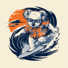 T-shirt hand drawn illustration, Koala on holiday at the beach and surfing
