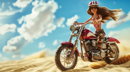 Naklejka premium With the desert sands stretching out before her, the cheerful doll revs her motorcycle engine with excitement, eager to explore the untamed beauty of the arid landscape that surrounds her.