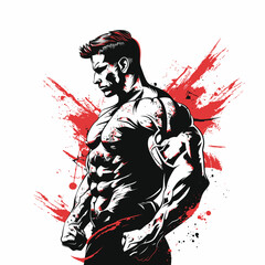 T-shirt illustration, bodybuilder with big muscles side view