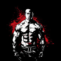 T-shirt illustration, bodybuilder with big muscles front view