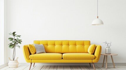 Brightly colored mockup of a modern living room with a sofa against a white wall background