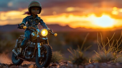 With the sun setting on the horizon, casting a warm glow over the desert landscape, the cheerful doll continues to ride her motorcycle with gusto