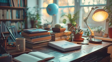 commercial photo, close-up, study room supplies, bottom view, soft light