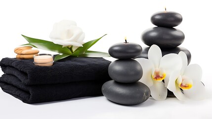 tack of spa stones, towel, flower and candle isolated on white