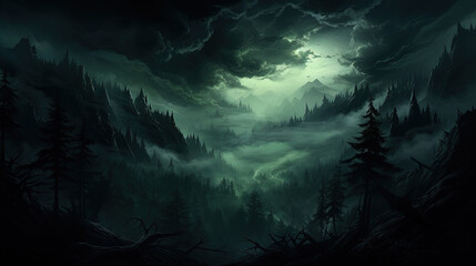 At Night On A Mountain The Forest Is Eerie Like Ghosts Landscape Background