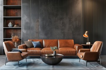 Dark gray wall background, living room interior design with brown leather sofa and armchairs
