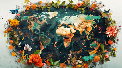 Planetary Biodiversity. Celebrating Earth's Flora and Fauna. Vibrant world map showcasing diverse animal and plant life.