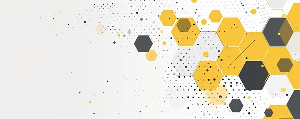 Abstract background with geometric hexagons and dots, yellow color palette, vector illustration, flat design style, modern graphic design elements.