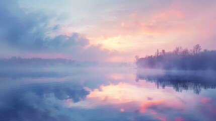 misty lake at dawn, peaceful reflection, pastel sky , hyper detailed