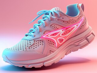 A vibrant pair of running shoes at a dynamic angle stands out against a neon pink backdrop