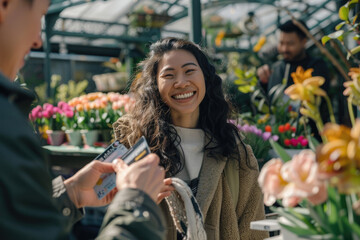 A woman in her late thirties, smiling and holding out a credit card to pay for plants at the garden center where she's shopping.