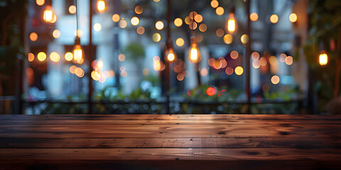 Image of wooden table in front of abstract blurred restaurant lights background.