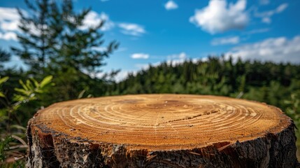 Fototapeta premium Tree trunk cut with forest and blue sky in the background