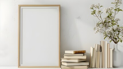 Mockup of a vertical wood frame for quotes and artwork. Vintage book stack with flowers and a white wall backdrop serving  - Powered by Adobe