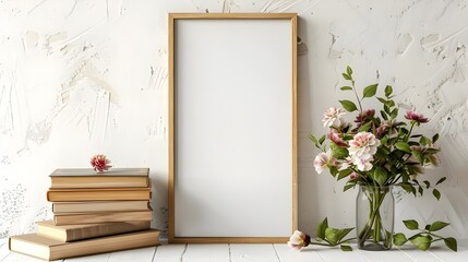 Mockup of a vertical wood frame for quotes and artwork. Vintage book stack with flowers and a white wall backdrop serving 