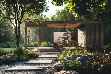 A small, wooden structure with a roof sits in a lush, green garden generated by AI