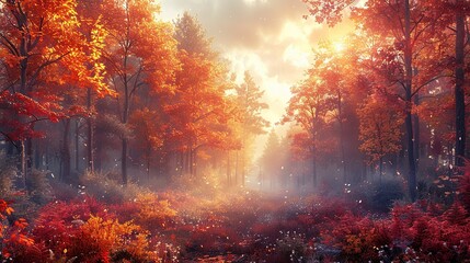 Nature Background, Autumn Forest with a Foggy Morning: A misty morning in an autumn forest, with the rising sun filtering through the fog and colorful leaves, creating a magical atmosphere.