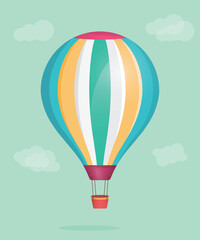 Minimalist colorful flying hot air balloon in the sky flat illustration