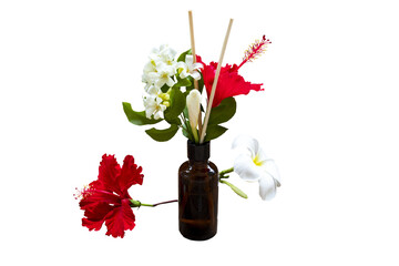 aroma therapy herbal oils extract flowers in bottle, stick local of asia arrangement flat lay style 