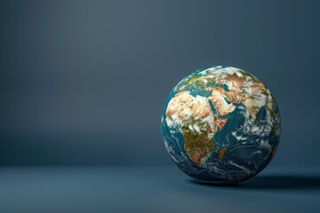 A detailed 3D globe with glossy continents stands out against a navy blue backdrop