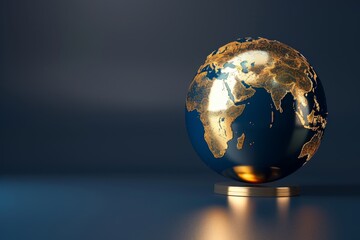 A detailed 3D globe with glossy continents, set against a navy blue backdrop, renders a striking image