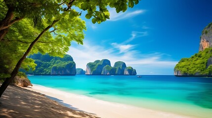 Tropical Beach with Clear Water and Mountain View in Phi Phi Don Island, Thailand