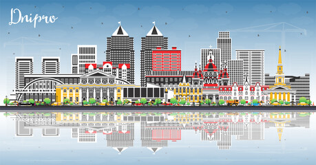 Dnipro city skyline with color buildings, blue sky and reflections. Dnepropetrovsk cityscape with landmarks. Business and tourism concept with modern and historic architecture.