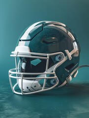 Fototapeta premium A football helmet in team colors is displayed on a green background, rendered in 3D on an isolated field