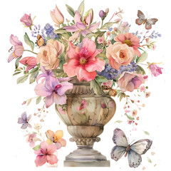 Watercolor Antique Flower Pot: Beautifully Hand-Painted Vintage Floral Arrangement, Perfect for Home Decor, Art Prints, and Collectibles.