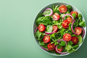A top view of a 3D rendered fresh salad bowl on a light green isolated background